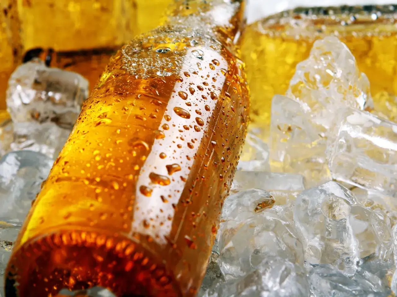 Eine Flasche Bier, die mit Wassertropfen bedeckt ist, wird in Eiswürfeln kalt gestellt.