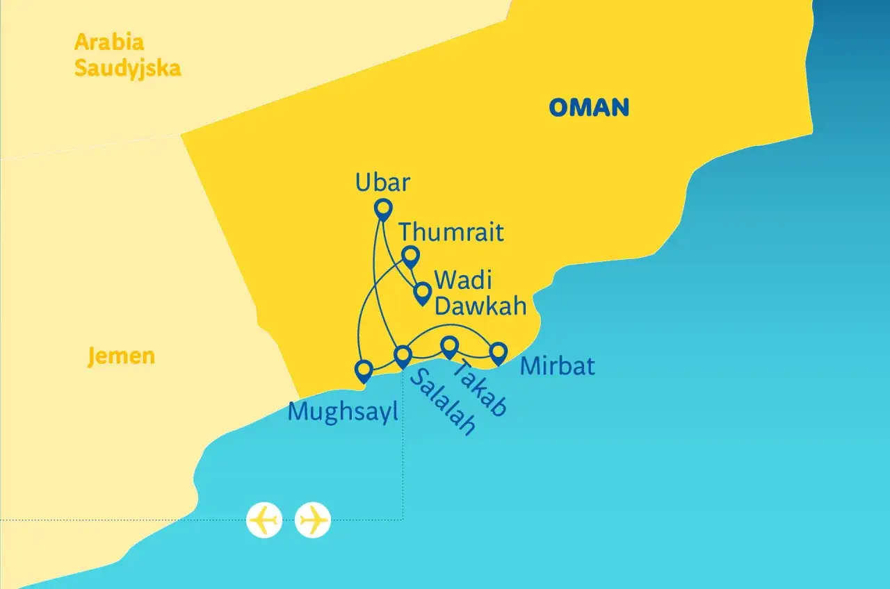 Mapa turystyczna Omanu z zaznaczonymi miejscami: Ubar, Thumrait, Wadi Dawkah, Salalah, Mughsayl, Mirbat. Czy jest bezpiecznie podróżować?