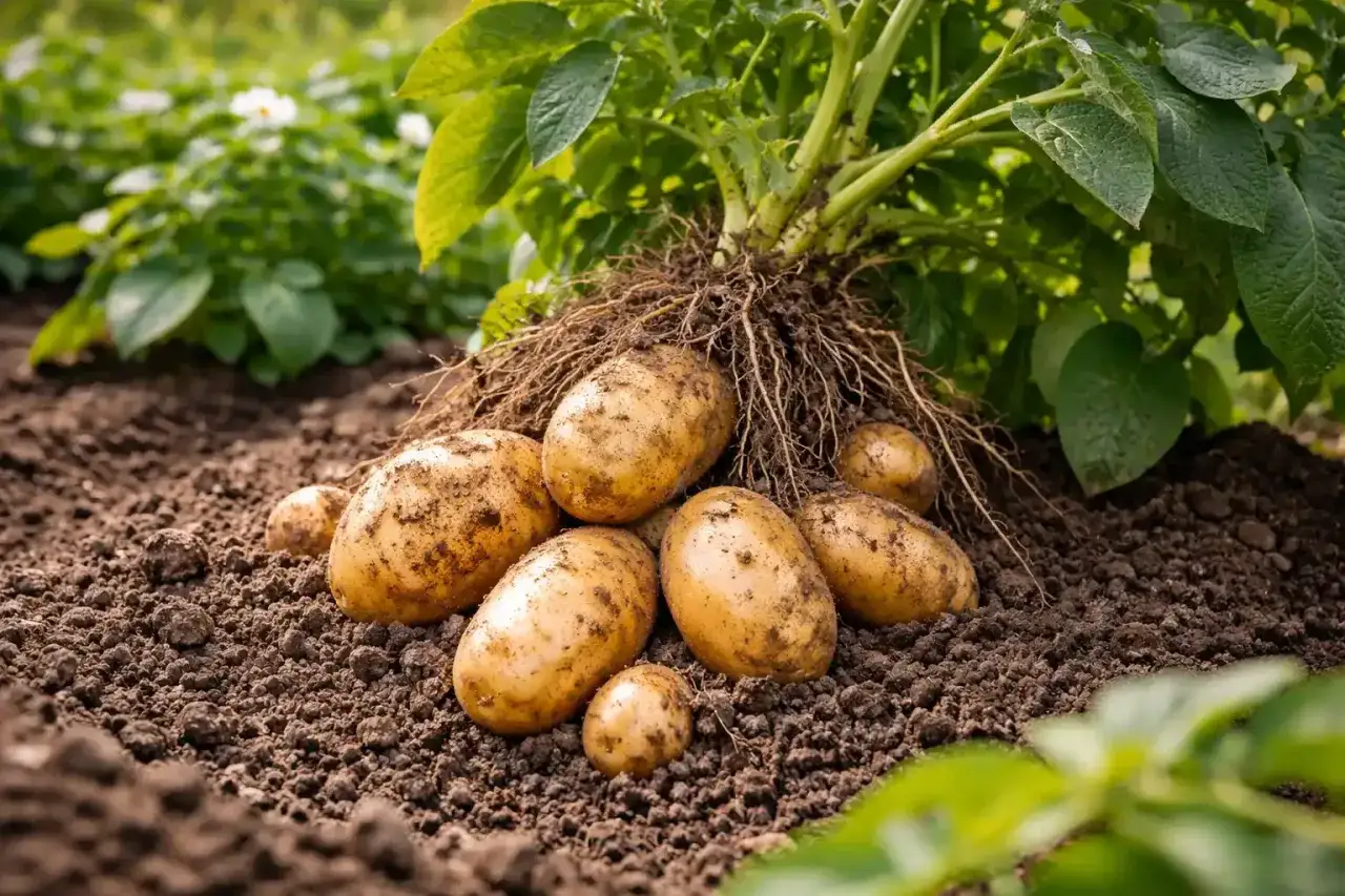 Patate appena raccolte, con radici e terra, pronte per essere coltivate con il miglior concime per patate.