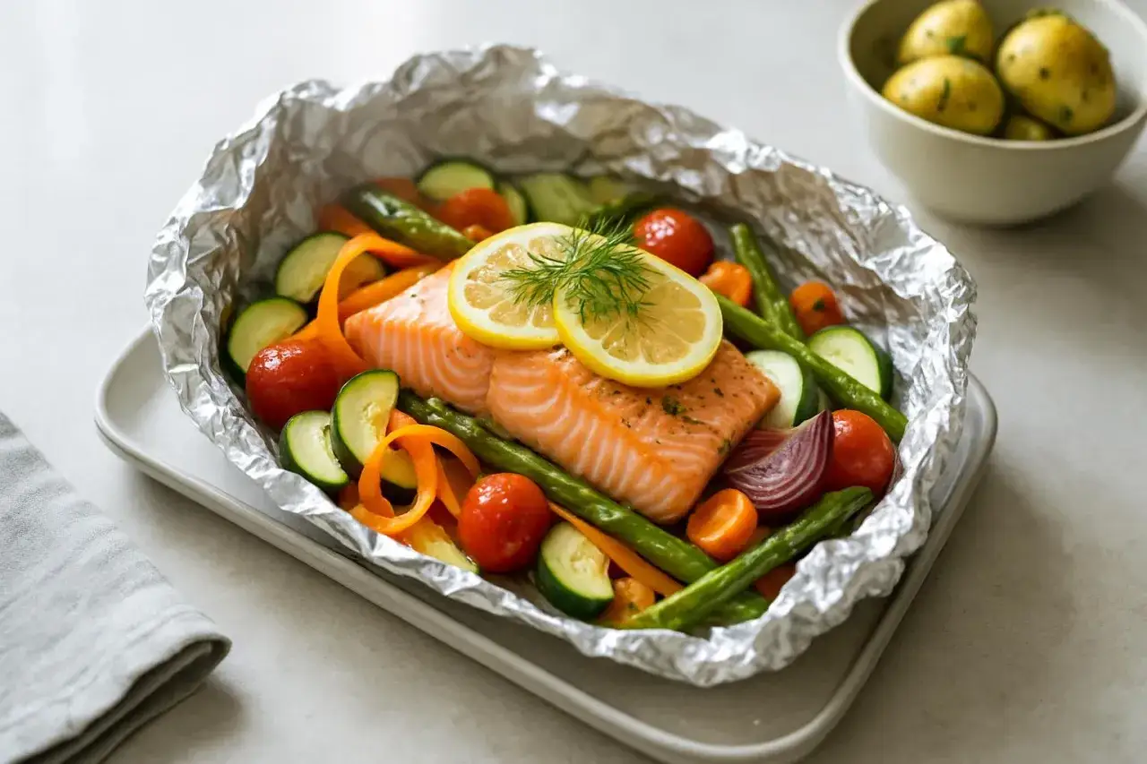 Lax i folie med grönsaker, citron och dill. En hälsosam och god måltid som är enkel att laga.