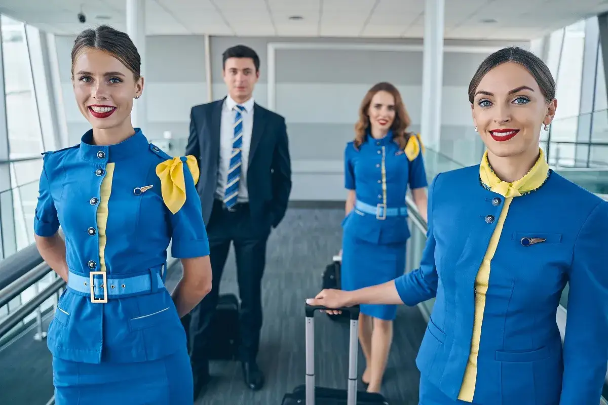 Hostess di terra sorridenti in divisa blu e gialla, pronte ad accogliere i passeggeri in aeroporto.