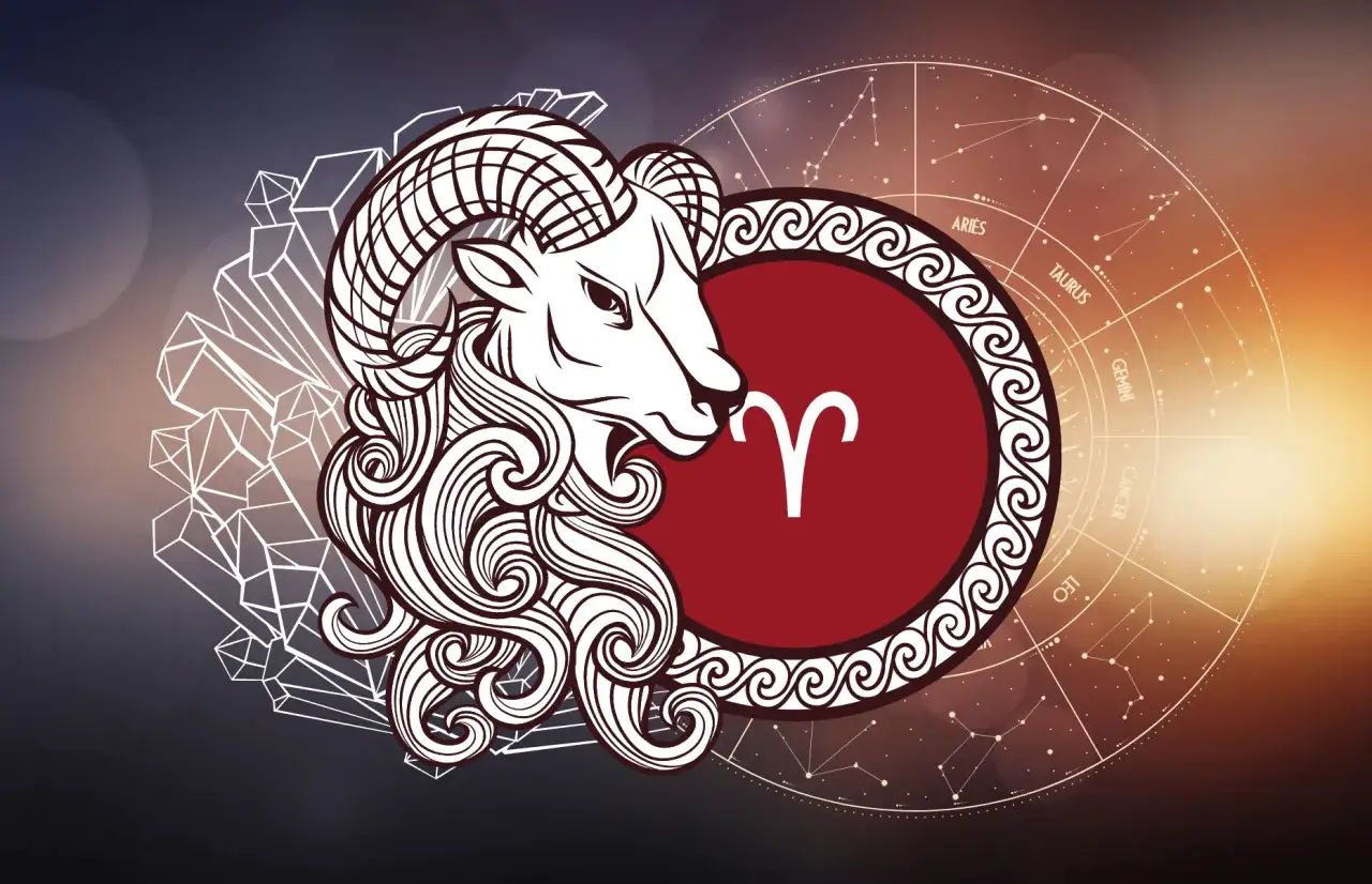 Symbol barana, czyli jaki to znak zodiaku Aries, na tle koła zodiaku i kryształów.