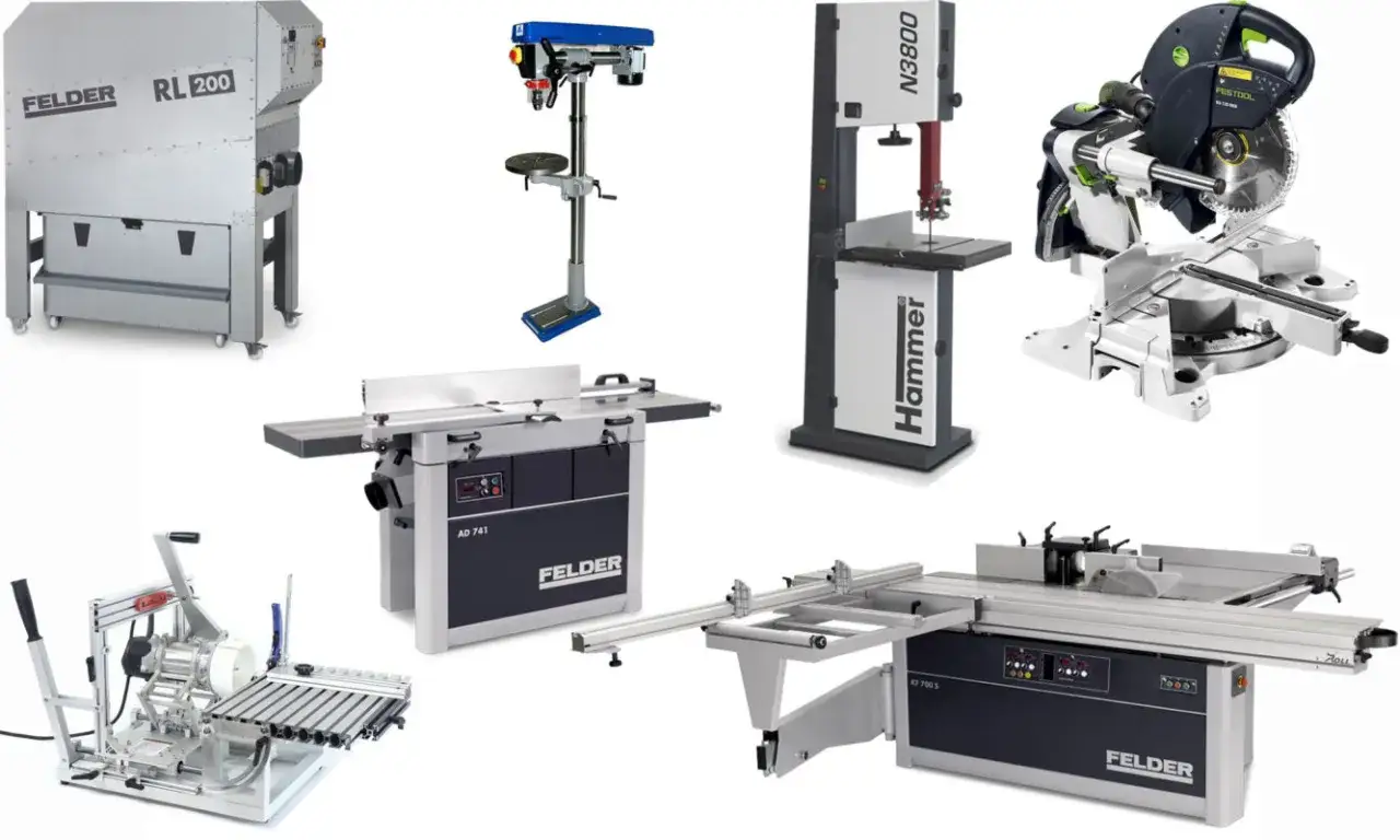 Ensemble de machines pour atelier : dégauchisseuse, scie à ruban, scie à onglet, perceuse à colonne, aspirateur et table de sciage. Marque outillage professionnel.