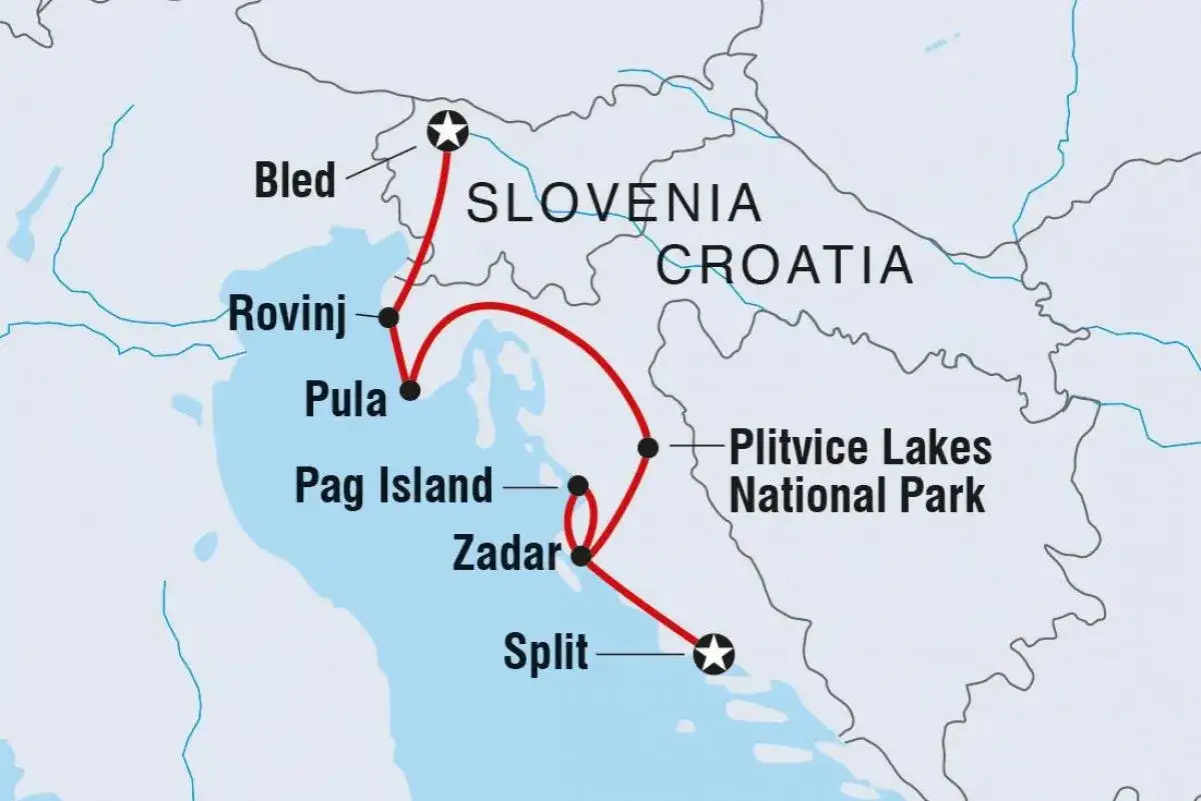 Trasa przez Słowenię i Chorwację: od Bled, przez Rovinj, Pula, Pag, Zadar, Split, aż do Jezior Plitwickich.