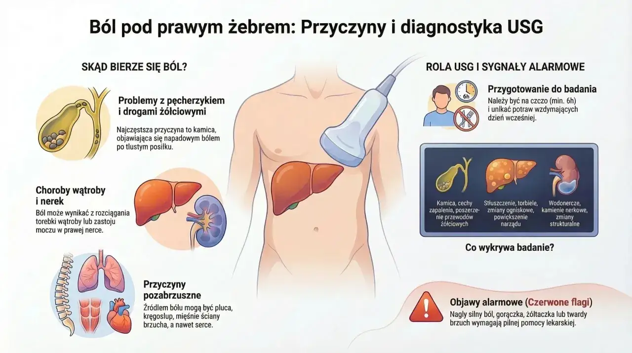 Ból pod prawym żebrem może mieć różne przyczyny, od problemów z pęcherzykiem żółciowym po choroby wątroby i nerek. USG pomaga wykryć te schorzenia.