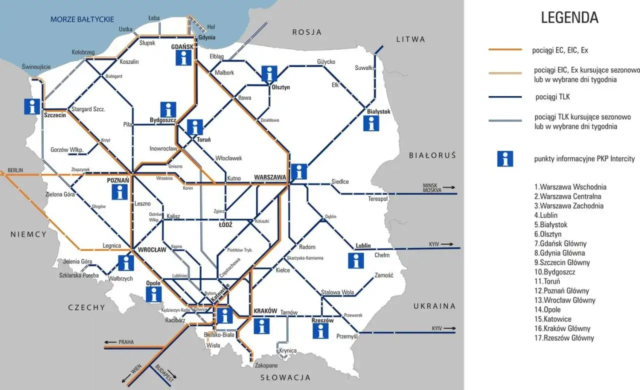 Mapa kolejowa Polski z zaznaczonymi trasami, w tym pociąg Kraków Berlin. Widoczne miasta i linie kolejowe.