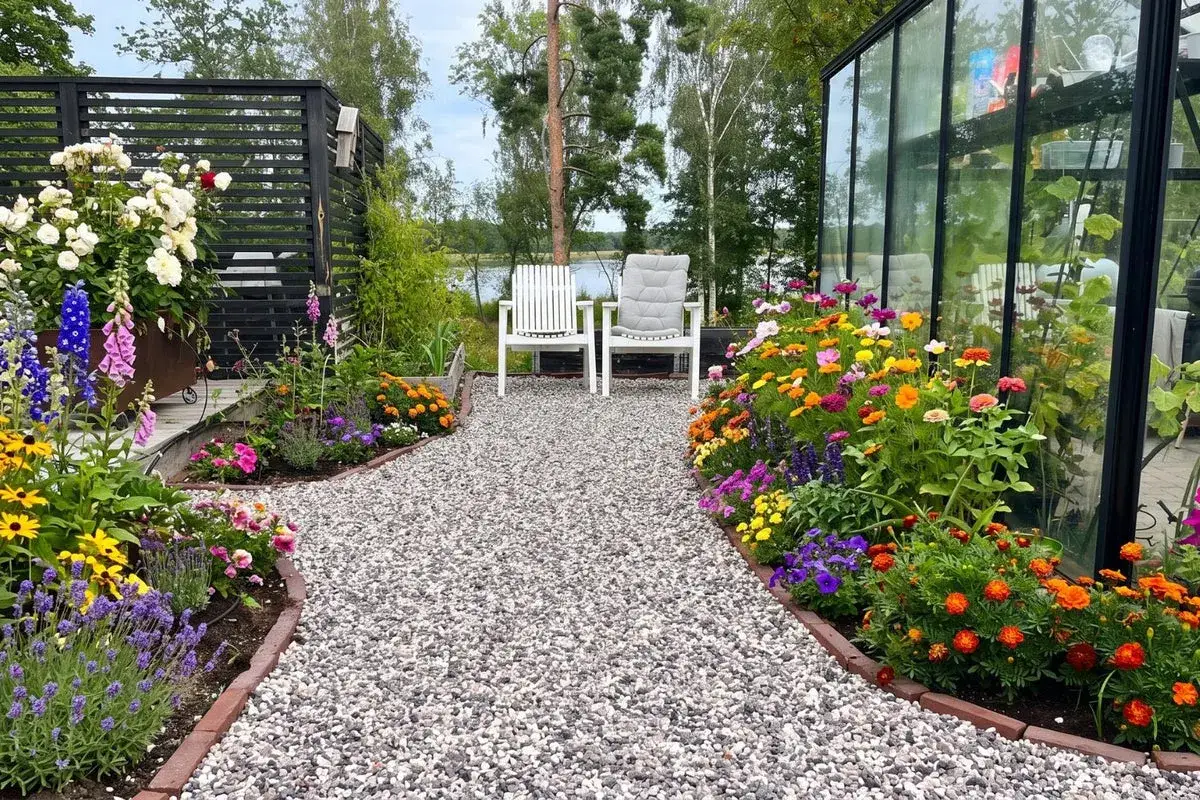 En vacker trädgård med en grusgång kantad av blommor och en växthus. Perfekt för en lugn stund.