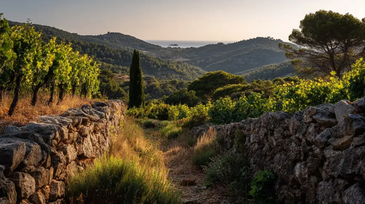 Paysage de vignoble au coucher du soleil, avec des murets en pierre et des rangées de cépage mourvèdre baignées de lumière dorée.