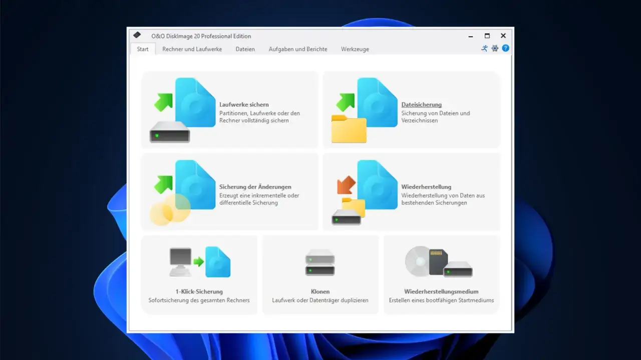 O&O DiskImage 20: Men&uuml; f&uuml;r Laufwerkssicherung, Dateisicherung, inkrementelle Sicherung, Wiederherstellung, 1-Klick-Sicherung, Klonen und Erstellung von bootf&auml;higen Medien. Ein backup programme test.