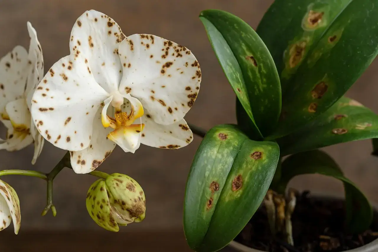 Weiße Orchideenblüte mit braunen Flecken, dane grüne Blätter mit Flecken. Anzeichen von Orchideen Krankheiten.