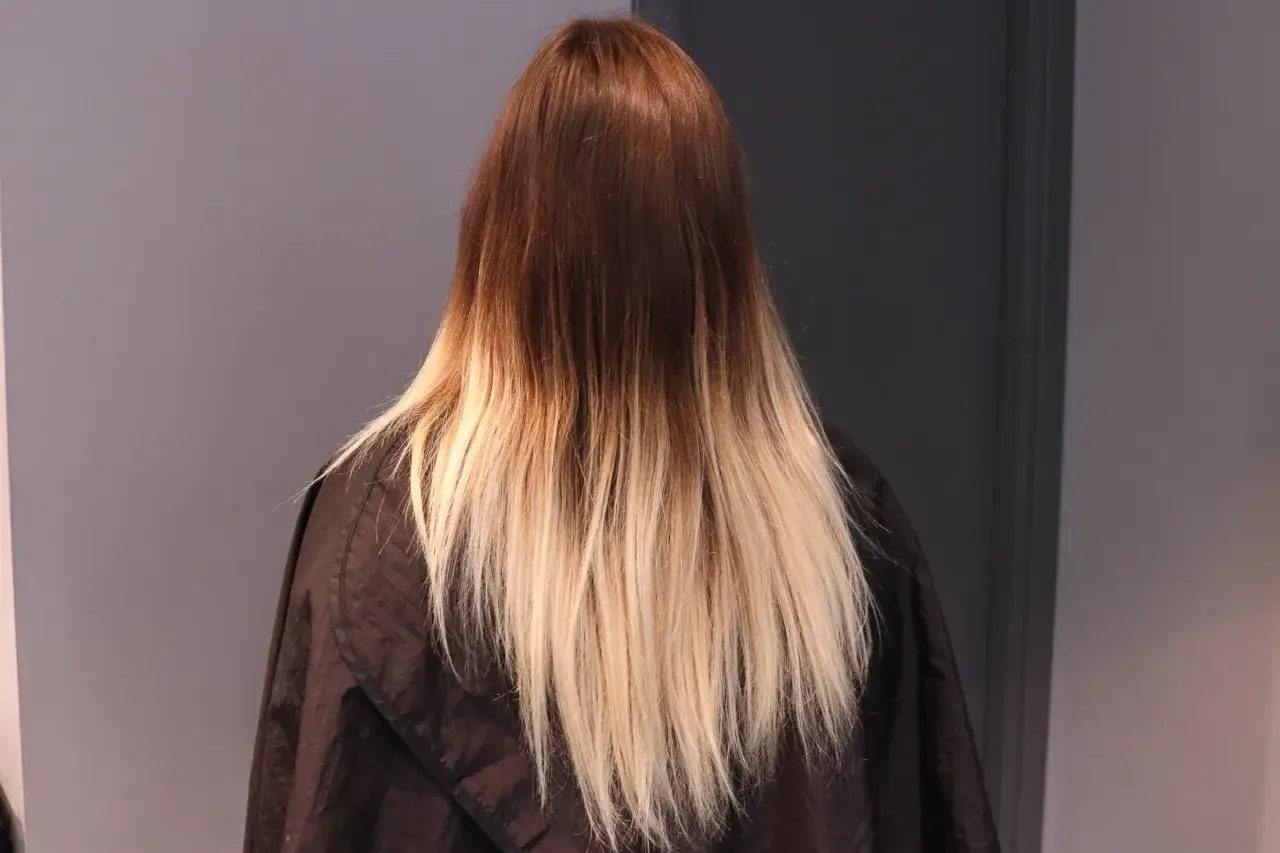 En person med l&aring;ngt h&aring;r som g&aring;r fr&aring;n m&ouml;rkbrun till ljusblond.