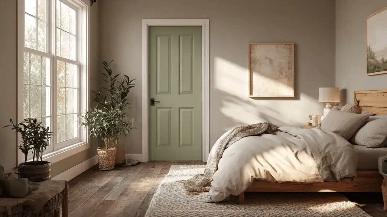 Habitaci&oacute;n con puerta interior verde salvia, un ejemplo de c&oacute;mo elegir el color de las puertas de interior para un ambiente sereno.