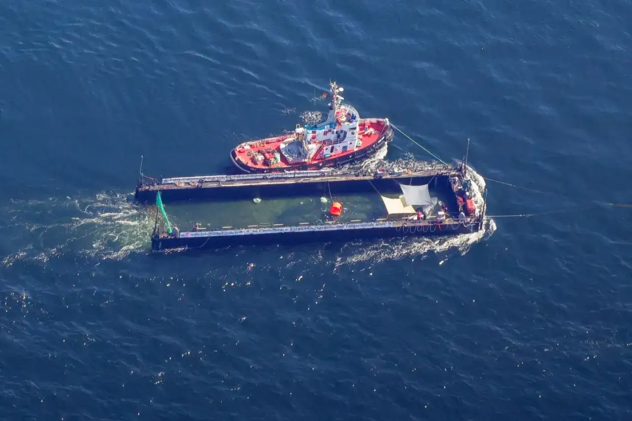 Schlepper zieht Ponton mit gr&uuml;ner Plane und Rettungsring. Smit Salvage-Aktivit&auml;ten im Gange.