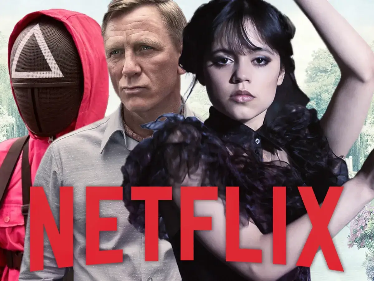 Netflix-Serien Top 10: Ein Squid Game-Charakter, Daniel Craig und Wednesday Addams posieren vor dem Netflix-Logo.