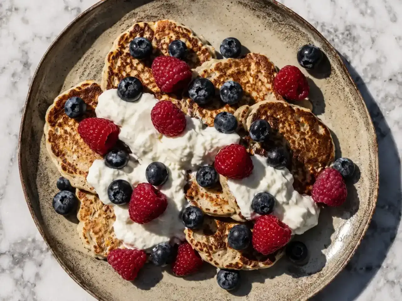 En tallrik med fluffiga glutenfria pannkakor toppade med vispad grädde, färska hallon och blåbär. En härlig frukost eller dessert!