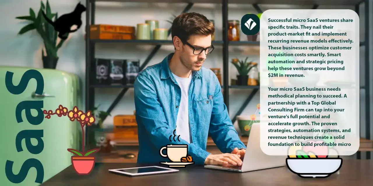 Mężczyzna pracuje przy laptopie w domowym biurze. Tekst opisuje sukcesy micro SaaS, podkreślając znaczenie strategii i automatyzacji.