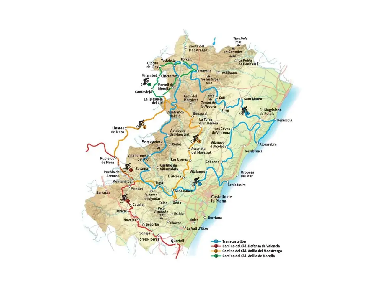 Mapa del **camino del Cid en bici** por el Maestrazgo y la costa. Rutas ciclistas señalizadas con pueblos y puntos de interés.