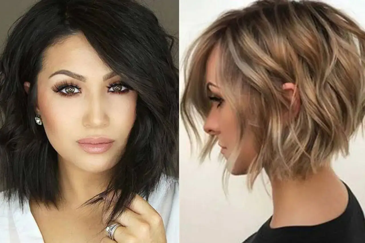 Dos estilos de corte pelo bob capas: uno oscuro y ondulado, otro rubio con mechas y textura.