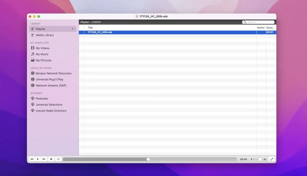 A media player window on a Mac shows a playlist with a .vob file, demonstrating how to play vob files on Mac.