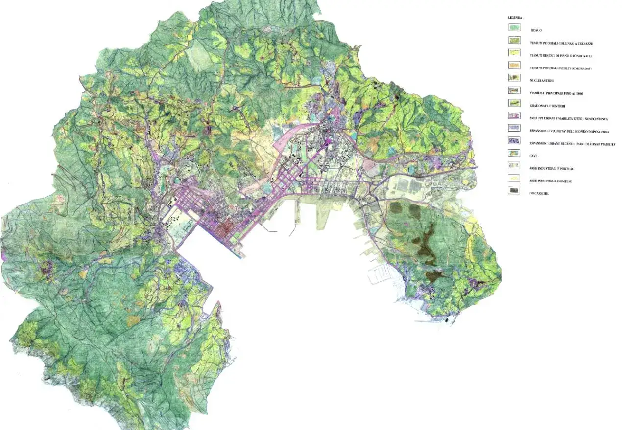 Mappa territoriale con aree verdi, tessuti urbani e infrastrutture. Indica l'indice di edificabilit&agrave; e le zone di sviluppo.