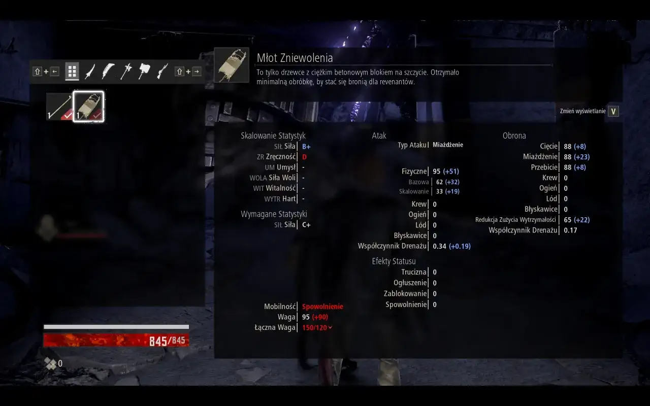 Młot Zniewolenia w Code Vein. Statystyki broni, ataku i obrony. Spolszczenie gry.