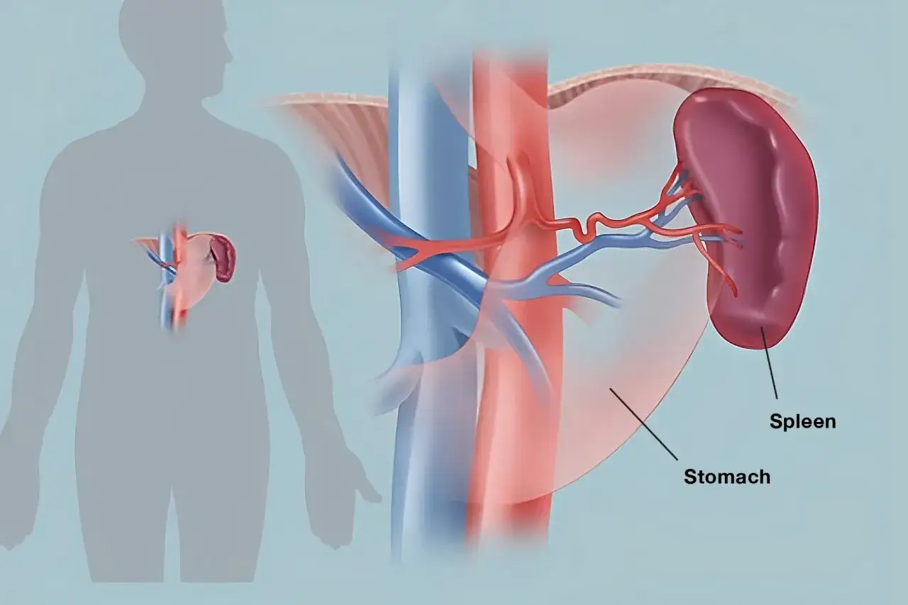 Anatomia człowieka z zaznaczoną śledzioną i żołądkiem. Czy śledziona boli? Obraz pokazuje lokalizację narządów.