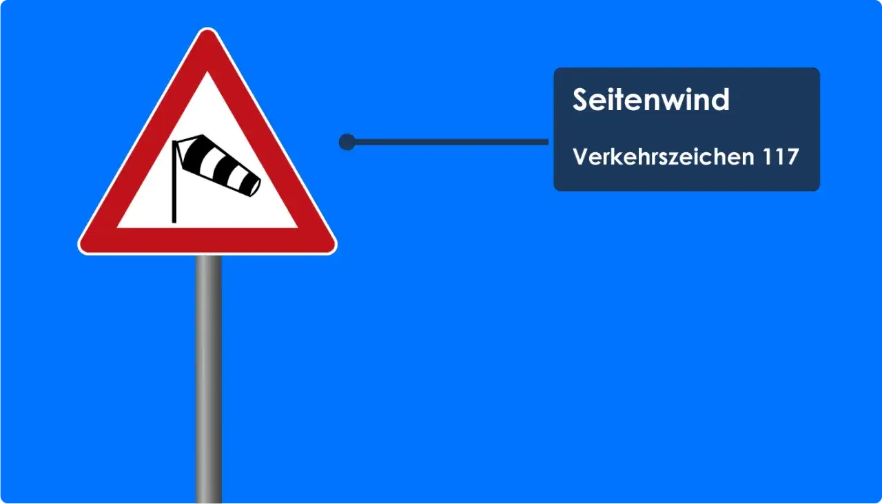 Warnung vor Seitenwind: Dieses Verkehrszeichen 117 weist auf starke Seitenwinde hin, die das Fahrverhalten beeinflussen k&ouml;nnen.