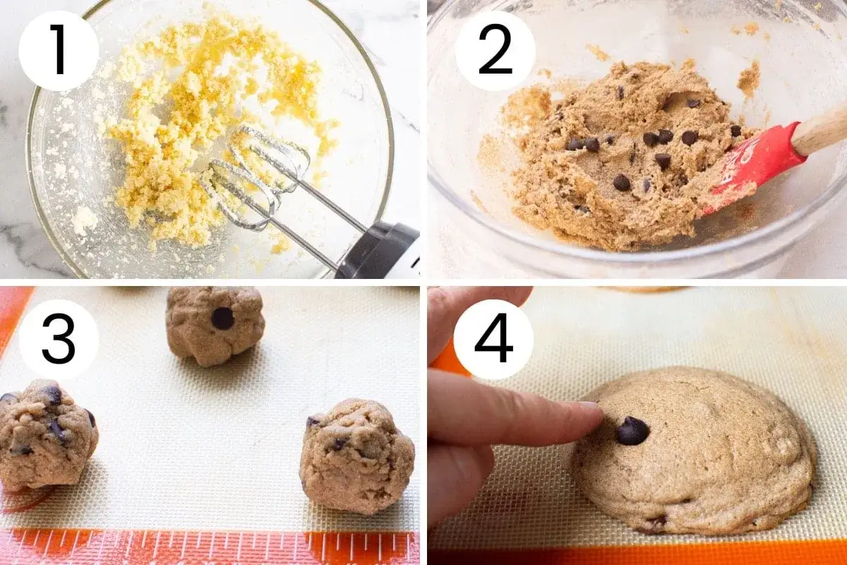 Pasos para hacer galletas con pepitas de chocolate: batir ingredientes, mezclar masa, formar bolitas y aplastar una galleta.