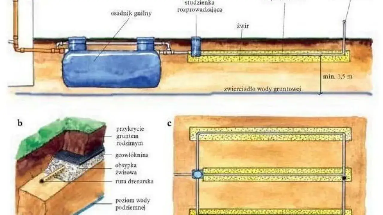 Schemat instalacji drenażowej: osadnik gnilny, studzienka rozprowadzająca, rury drenarskie, obsypka żwirowa, geowłóknina, przykrycie gruntem.