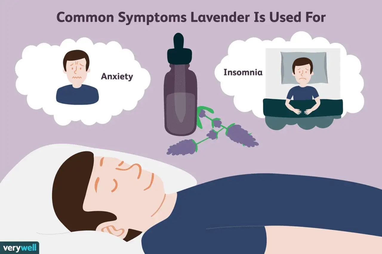 Illustration montrant les bienfaits de la lavande pour l'anxiété et l'insomnie, avec une personne endormie paisiblement.