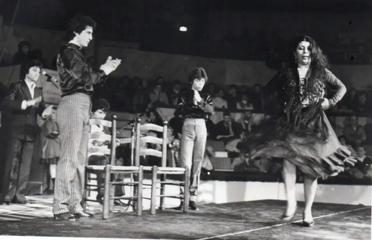 Un documental flamenco captura a una bailaora girando con su falda, mientras otros artistas y p&uacute;blico observan.