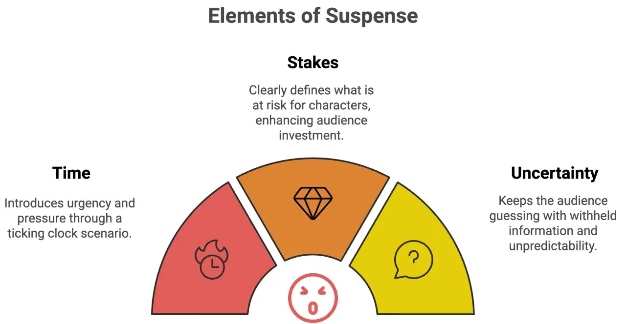 Schéma des éléments de suspense : Temps (urgence), Enjeux (ce qui est en jeu), Incertitude (ce qu'est un cliffhanger).