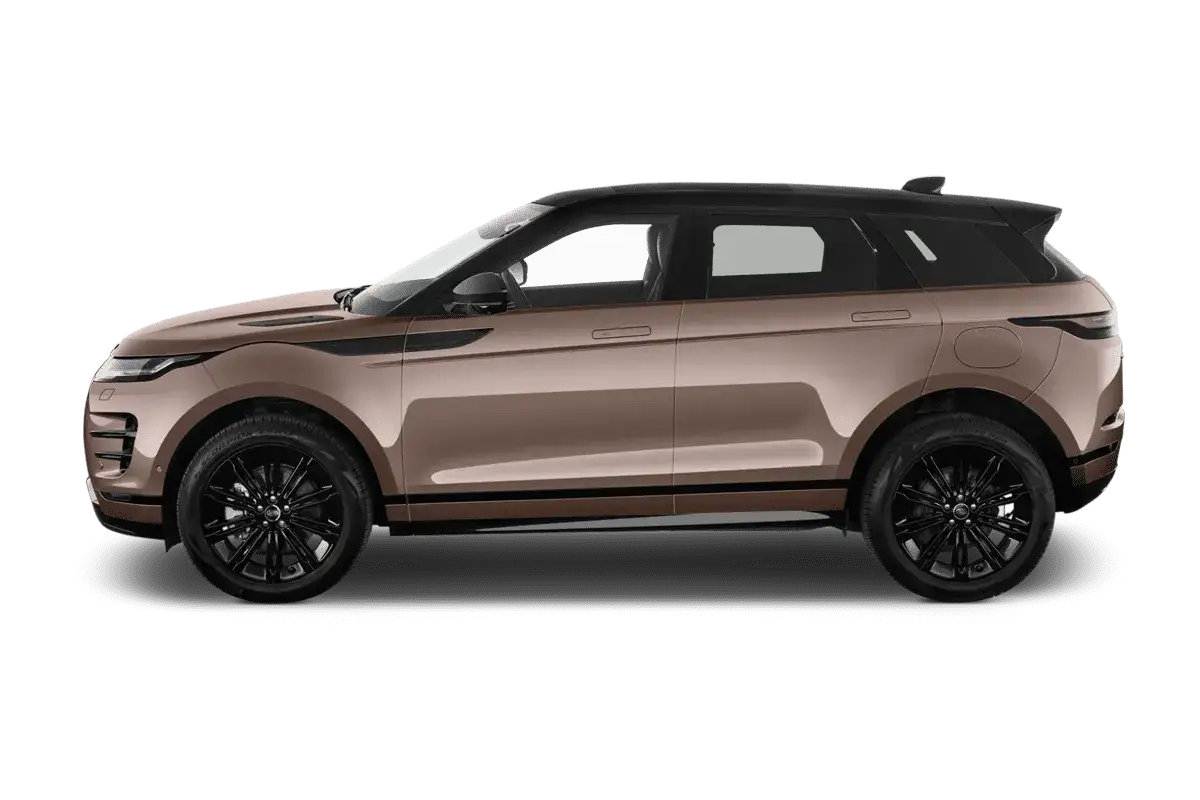 Range Rover Evoque in braun mit schwarzem Dach und Felgen. Die L&auml;nge des Fahrzeugs wirkt elegant und sportlich.