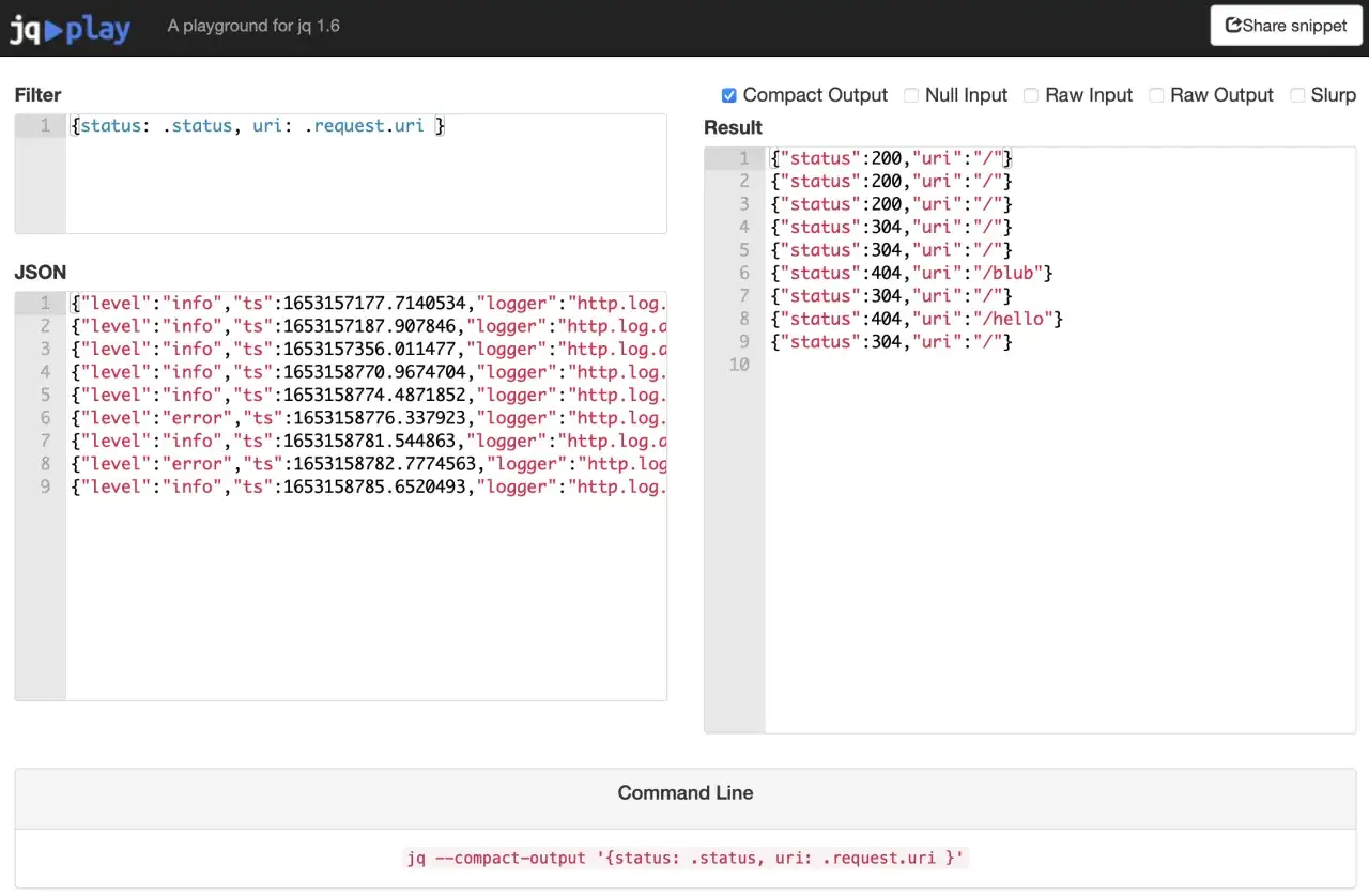 Exemple jq : un filtre extrait le statut et l'URI de logs JSON, affichant le résultat compact.