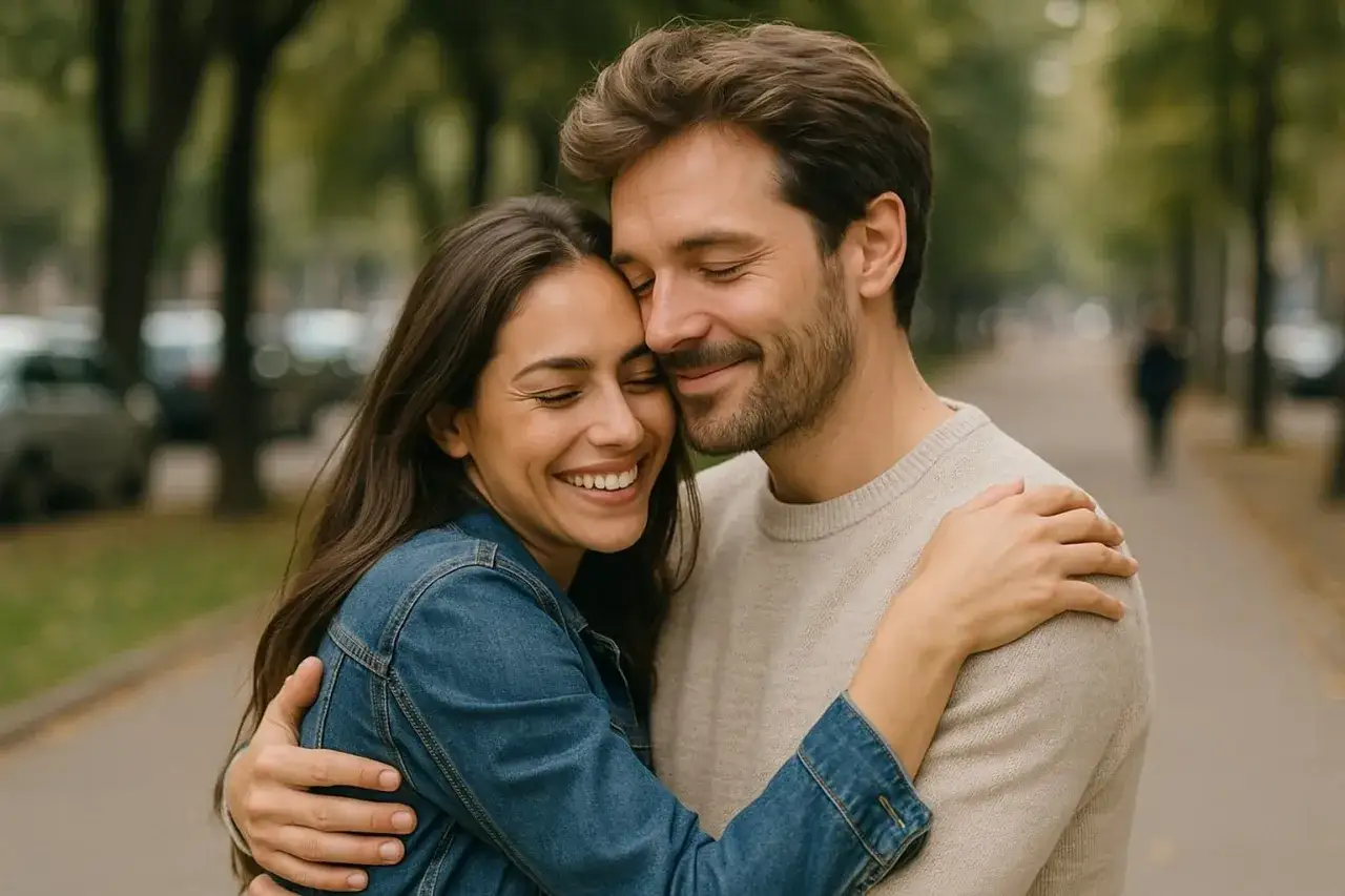 Coppia che si abbraccia teneramente, lei con gli occhi chiusi e un sorriso radioso, lui la stringe con affetto. Un momento di pura felicit&agrave; che sconfigge ogni **persona insicura in amore**.
