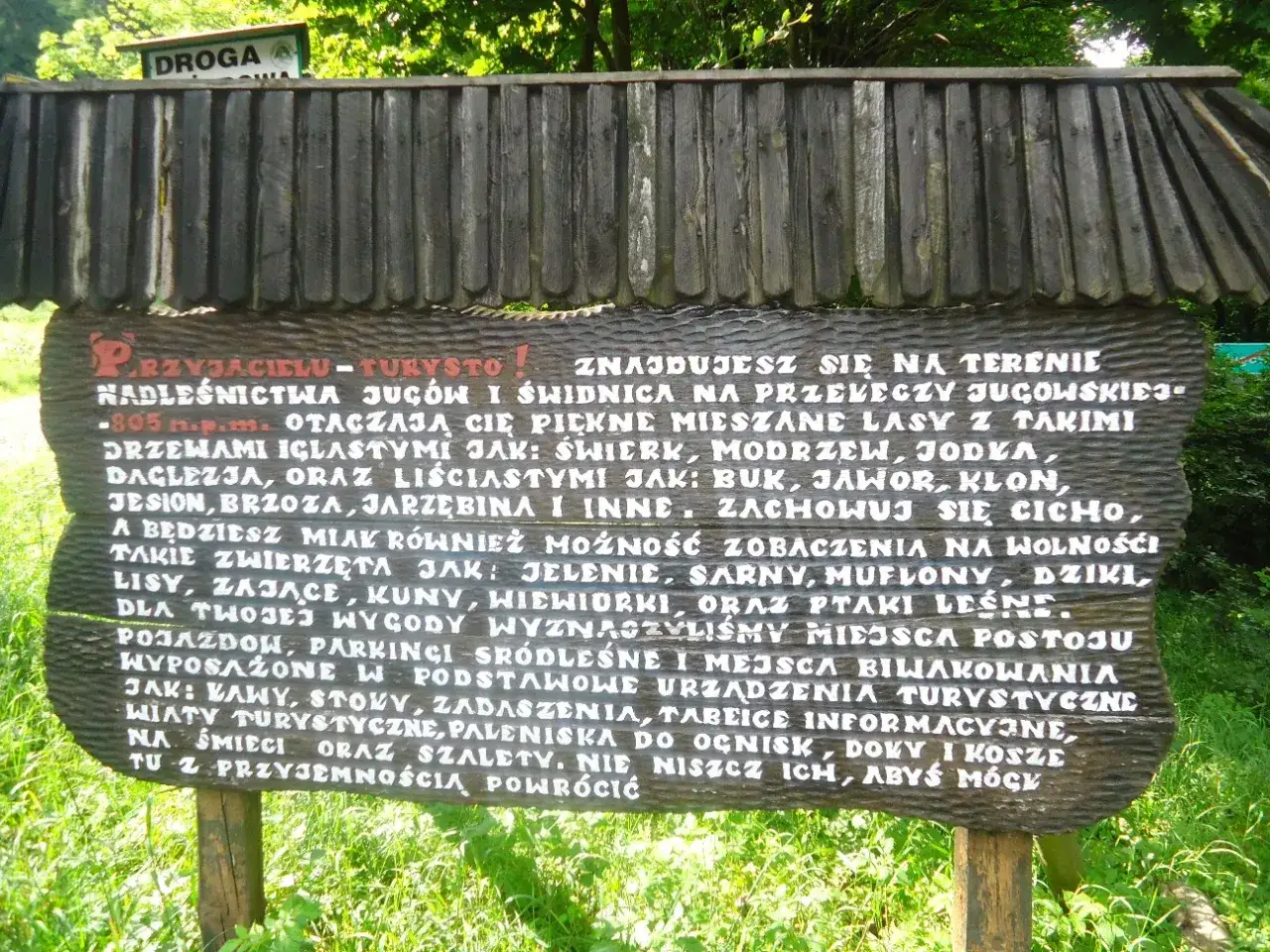 Jak zaplanować trasę samochodową przez przełęcz jugowską? Widoki zachwycają! Tablica informuje o faunie i florze, miejscach postoju i biwakowania.