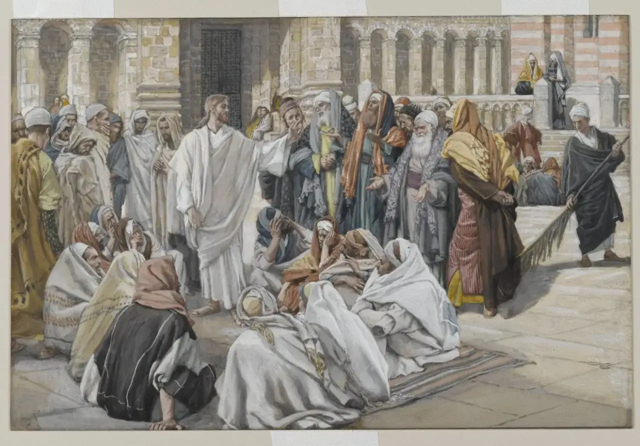 Jezus uzdrawia ludzi, wśród których jest opętany przez złego ducha. Tłum słucha, niektórzy w szoku, inni z niedowierzaniem.