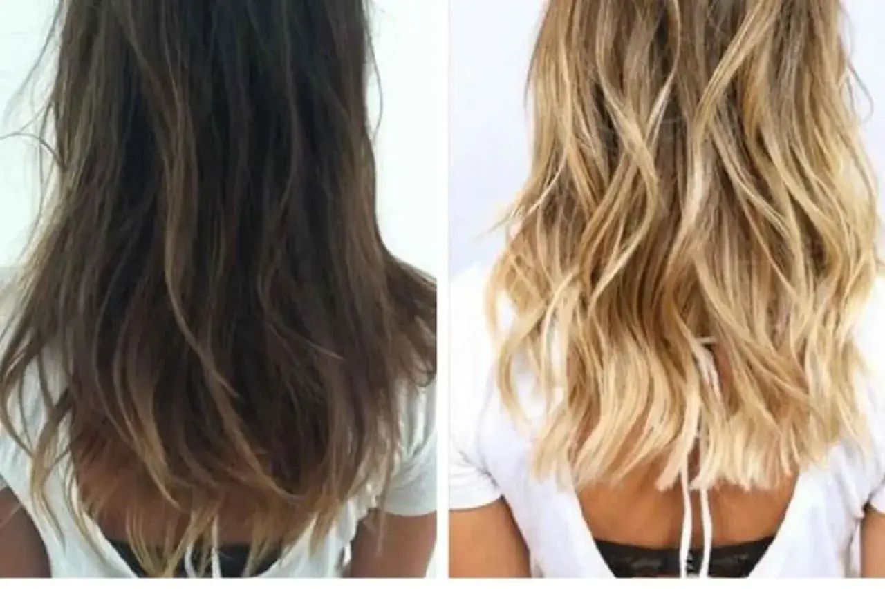 Avant/apr&egrave;s : d&eacute;coloration cheveux bruns en blond lumineux. Le r&eacute;sultat est spectaculaire !