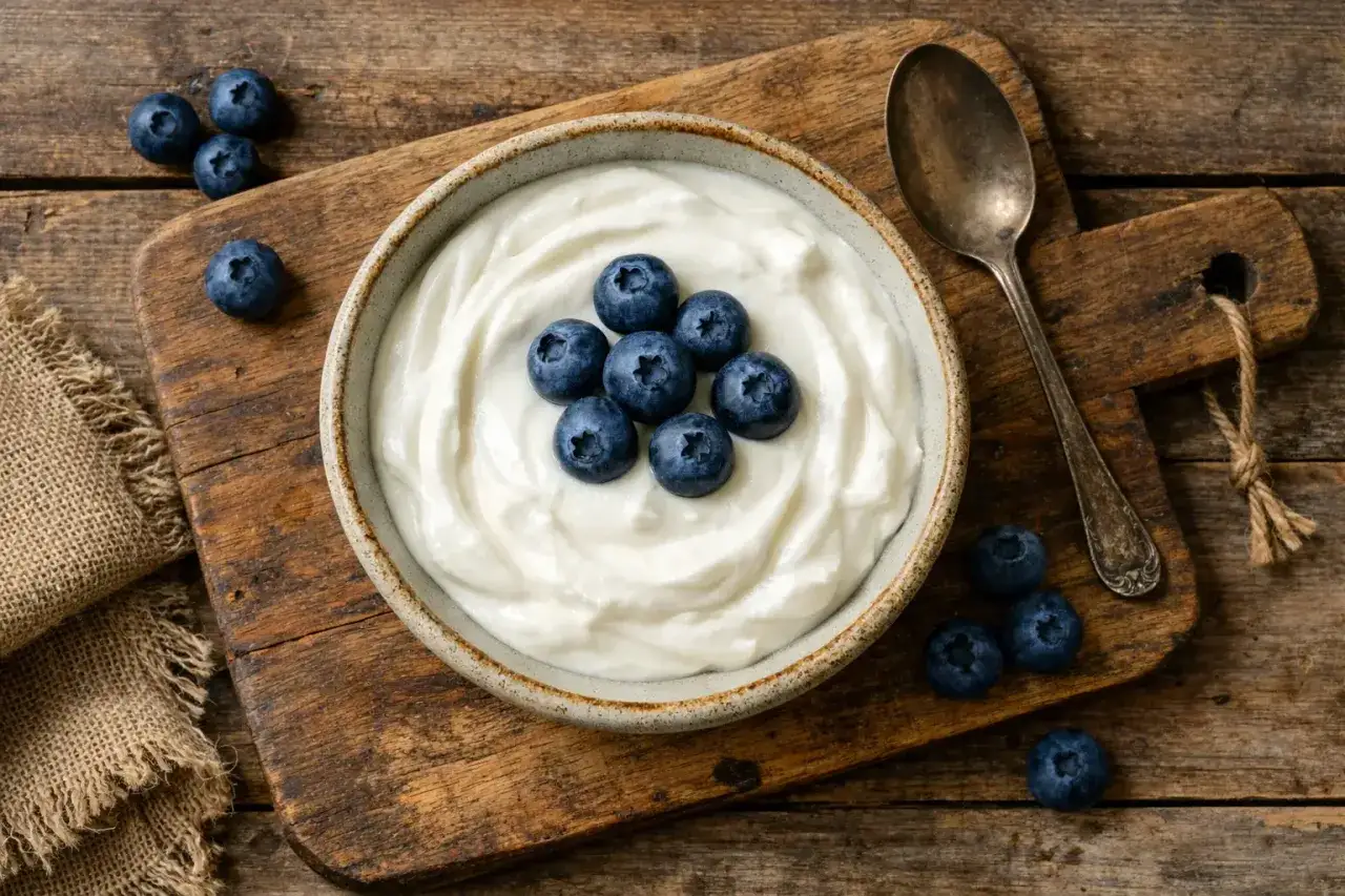 Gęsty jogurt skyr z jagodami na drewnianej desce. Czy skyr jest zdrowy? Tak, to świetny wybór na zdrową przekąskę.
