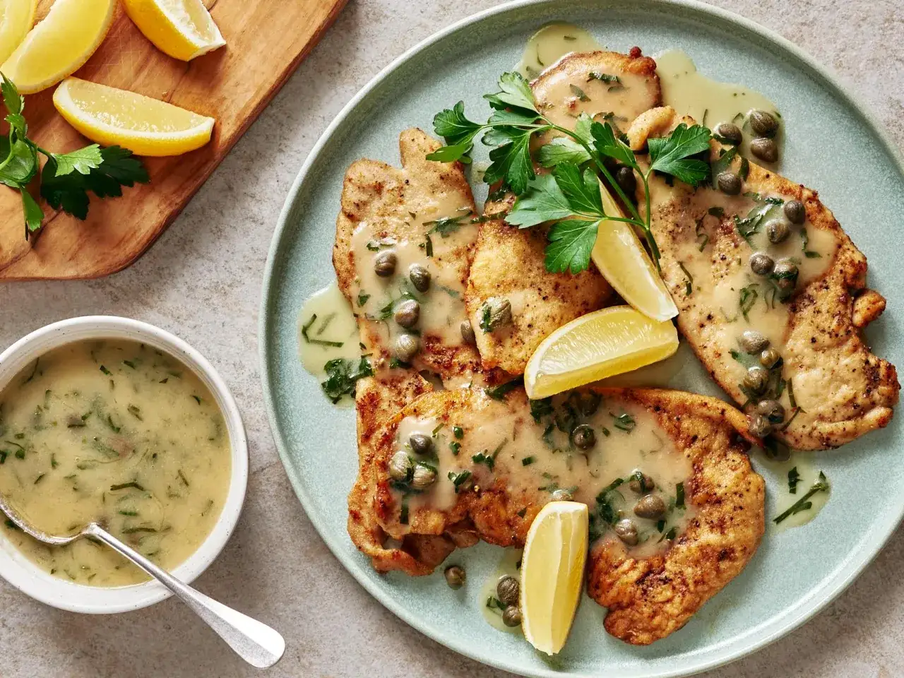 Délicieux piccata de poulet, nappé d'une sauce crémeuse aux câpres et garni de quartiers de citron et de persil frais.