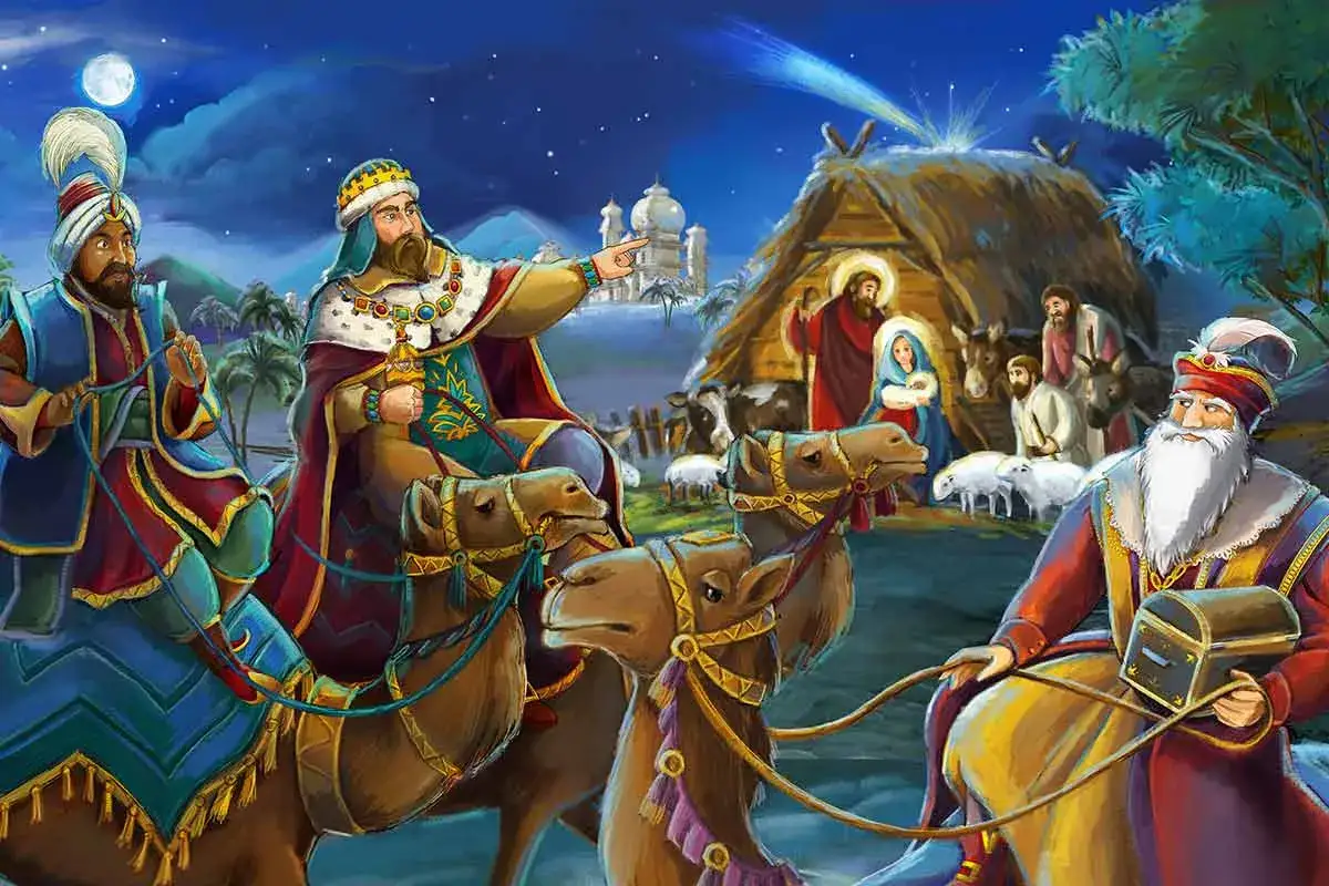 I Re Magi in cammello, guidati dalla stella cometa, raggiungono la grotta. Il 6 gennaio si lavora per portare doni.