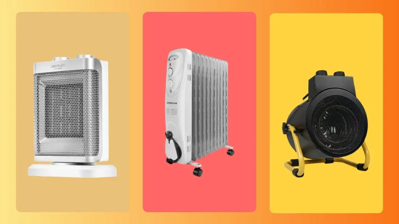 Tres tipos de calefactor: uno blanco vertical, un radiador de aceite y uno negro tipo ventilador.