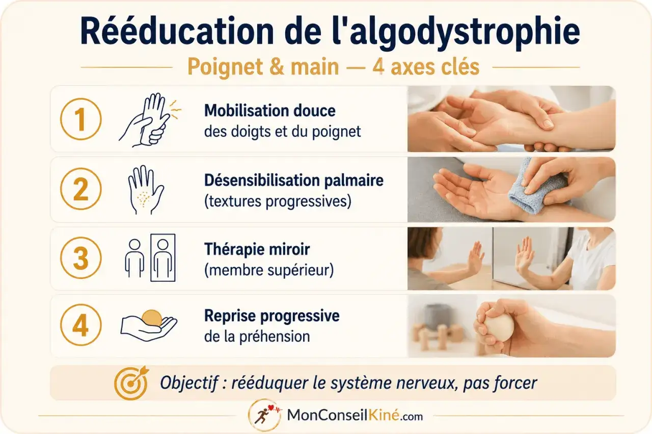 Rééducation du poignet et de la main pour l'algodystrophie : mobilisation, désensibilisation, thérapie miroir, reprise de préhension. Le temps de guérison algodystrophie est un processus.