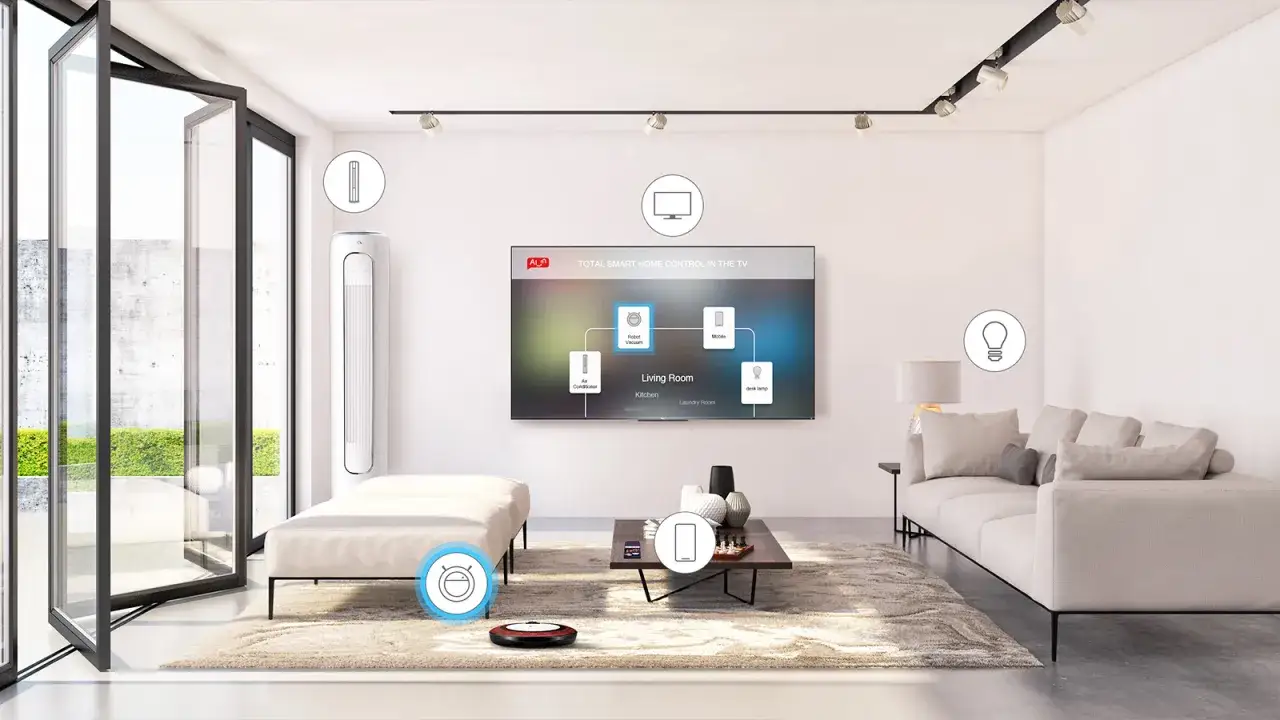 Un hogar inteligente con dom&oacute;tica Google. Controla tu robot aspirador, luces y m&aacute;s desde la TV.