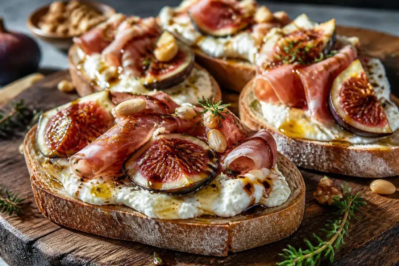 Bruschettas gourmandes avec fromage frais, figues, amandes et fines tranches de speck italien, arrosées d'une touche de balsamique.