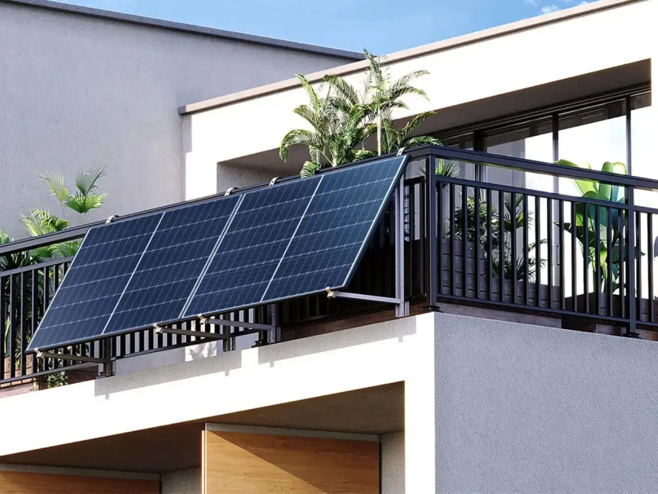 Placas solares en una terraza moderna, capturando la energ&iacute;a del sol. Rodeadas de vegetaci&oacute;n, estas placas son un ejemplo de sostenibilidad.