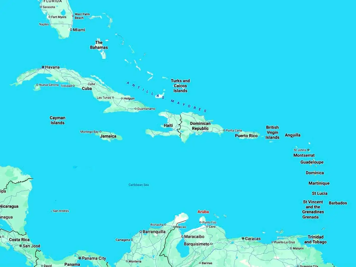 Aruba, gdzie jest? Mapa Karaibów pokazuje wyspy takie jak Kuba, Jamajka, Haiti, Dominikana, Portoryko, a także Arubę na południu.