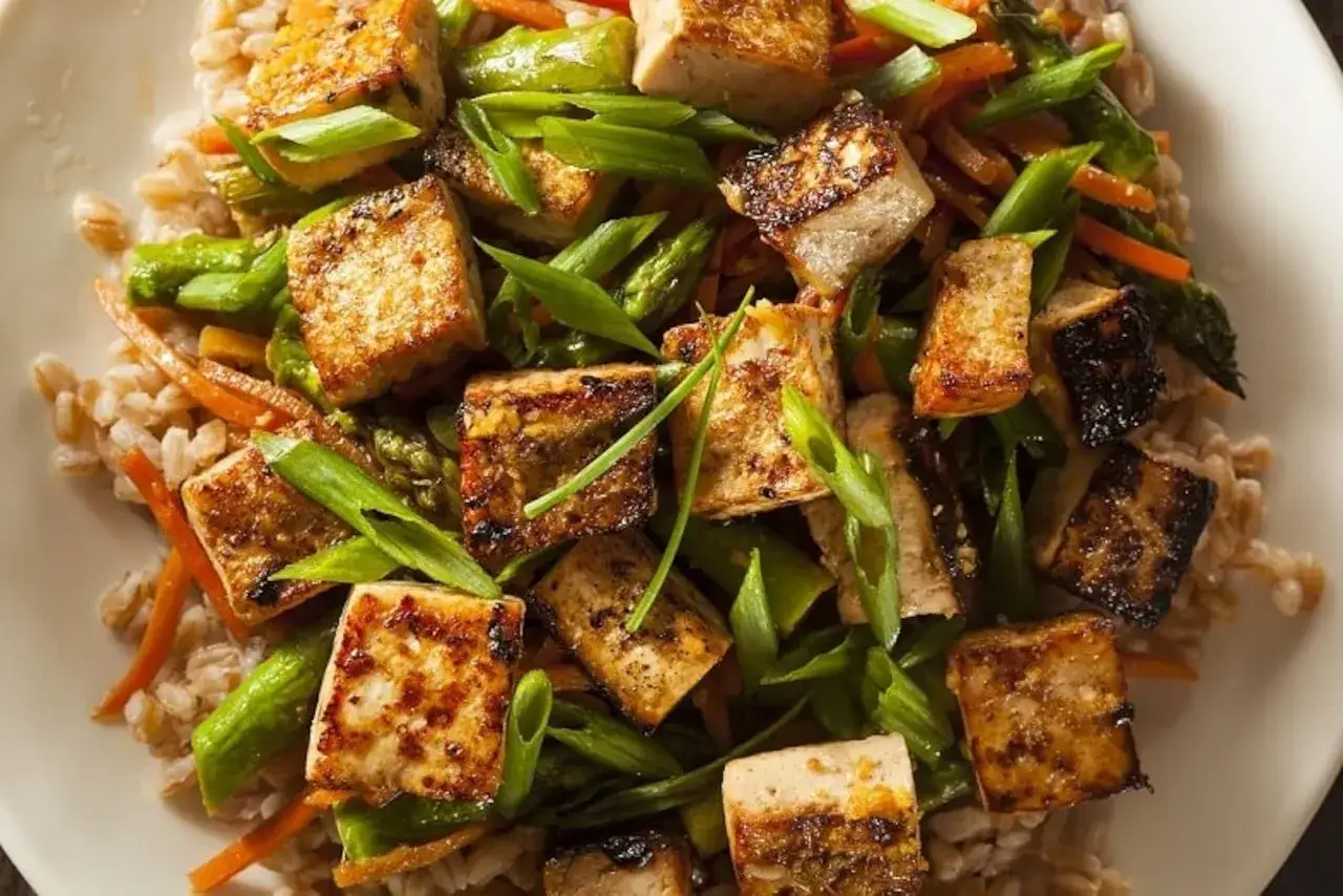 Chrupiące, smażone tofu z warzywami i kaszą. Idealne danie dla wegan.