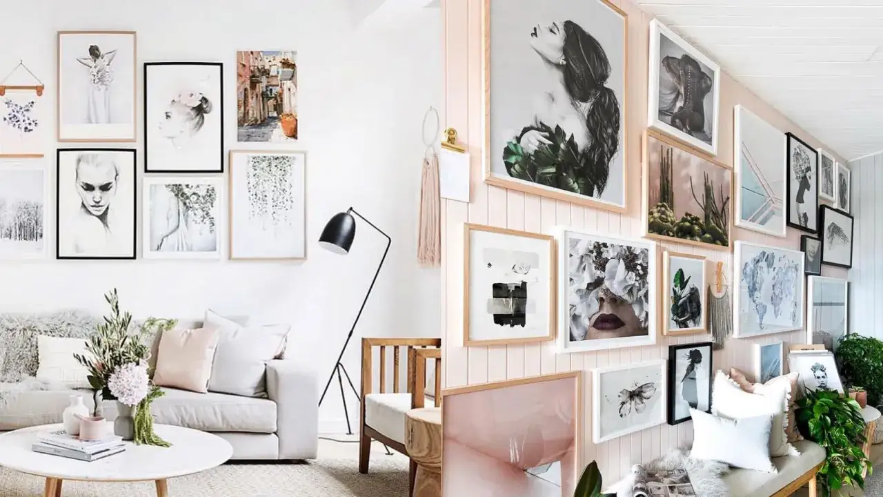 Inspirierende bilder anordnen ideen: Eine Wand voller Kunstwerke, von Porträts bis zu Landschaften, schafft eine stilvolle Galerie.