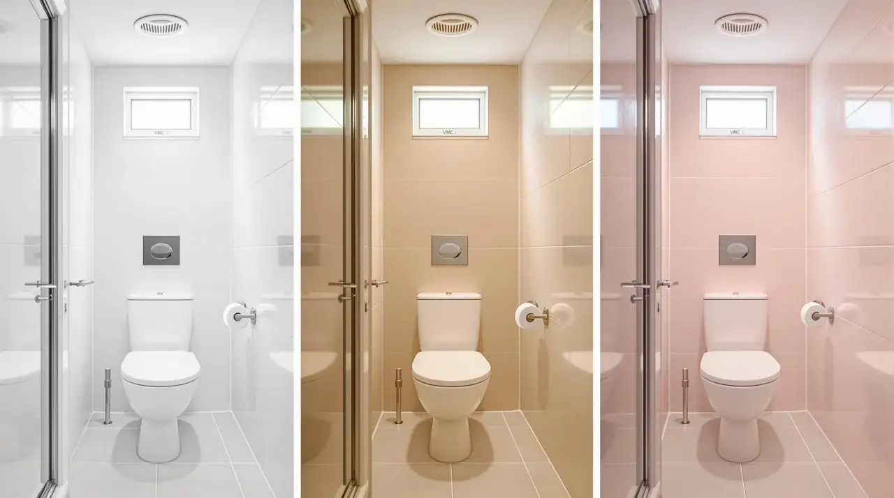 Trois salles de bain modernes avec des toilettes blanches. La première est blanche, la deuxième est beige, et la troisième a un carrelage rose pâle, offrant différentes options de couleur wc.
